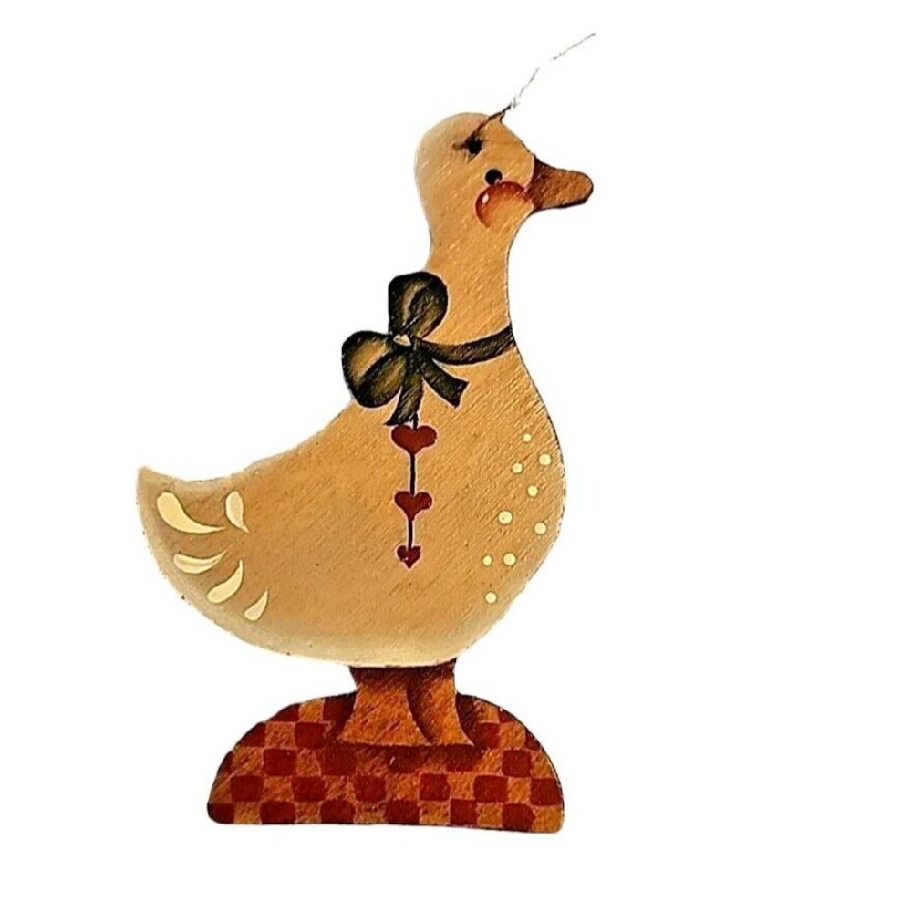 Vintage 80 Goose Christmas Ornament Wooden Hand Painted 4 Inches Hearts